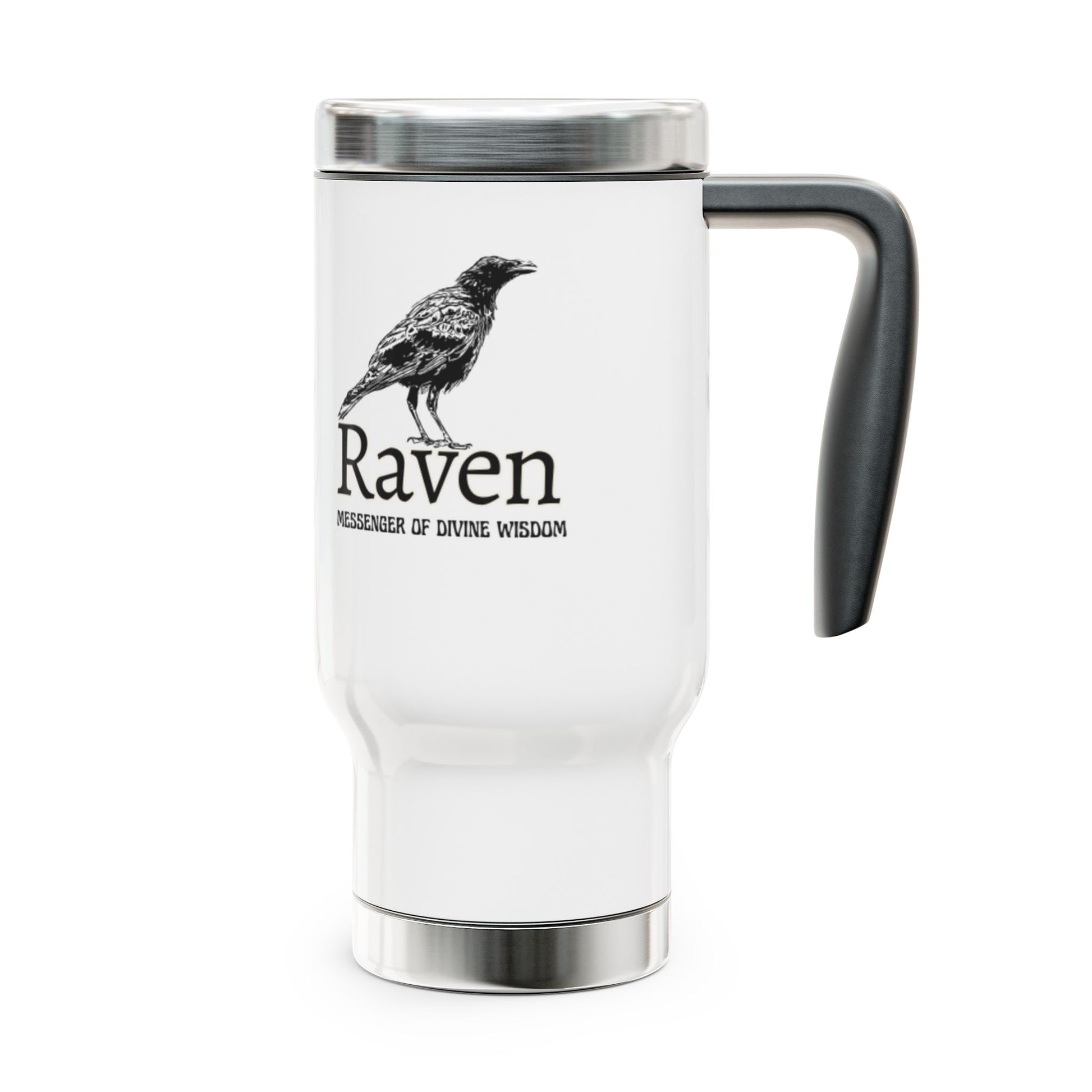 White travel mug with a black handle featuring a raven illustration and text on a white background