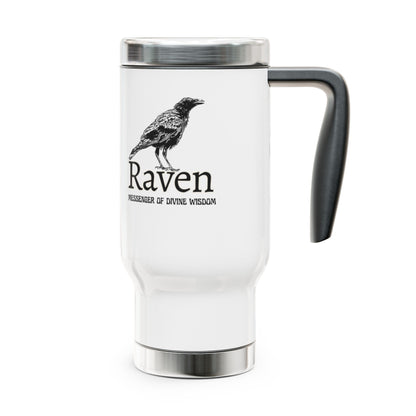 White travel mug with a black handle featuring a raven illustration and text on a white background