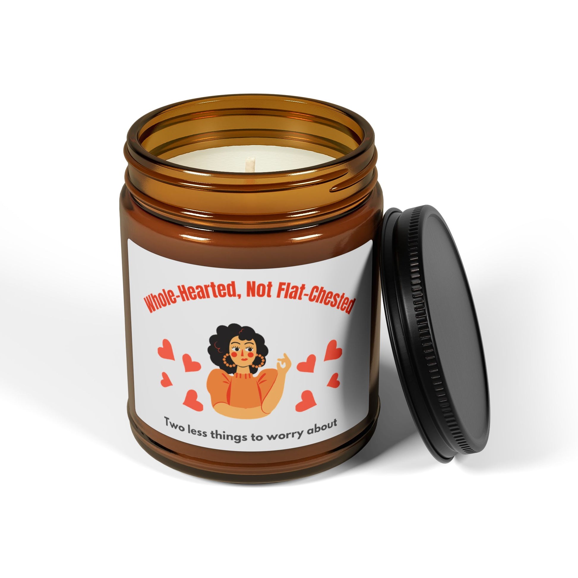 Candle in an amber jar with a label featuring text and graphics on a white background
