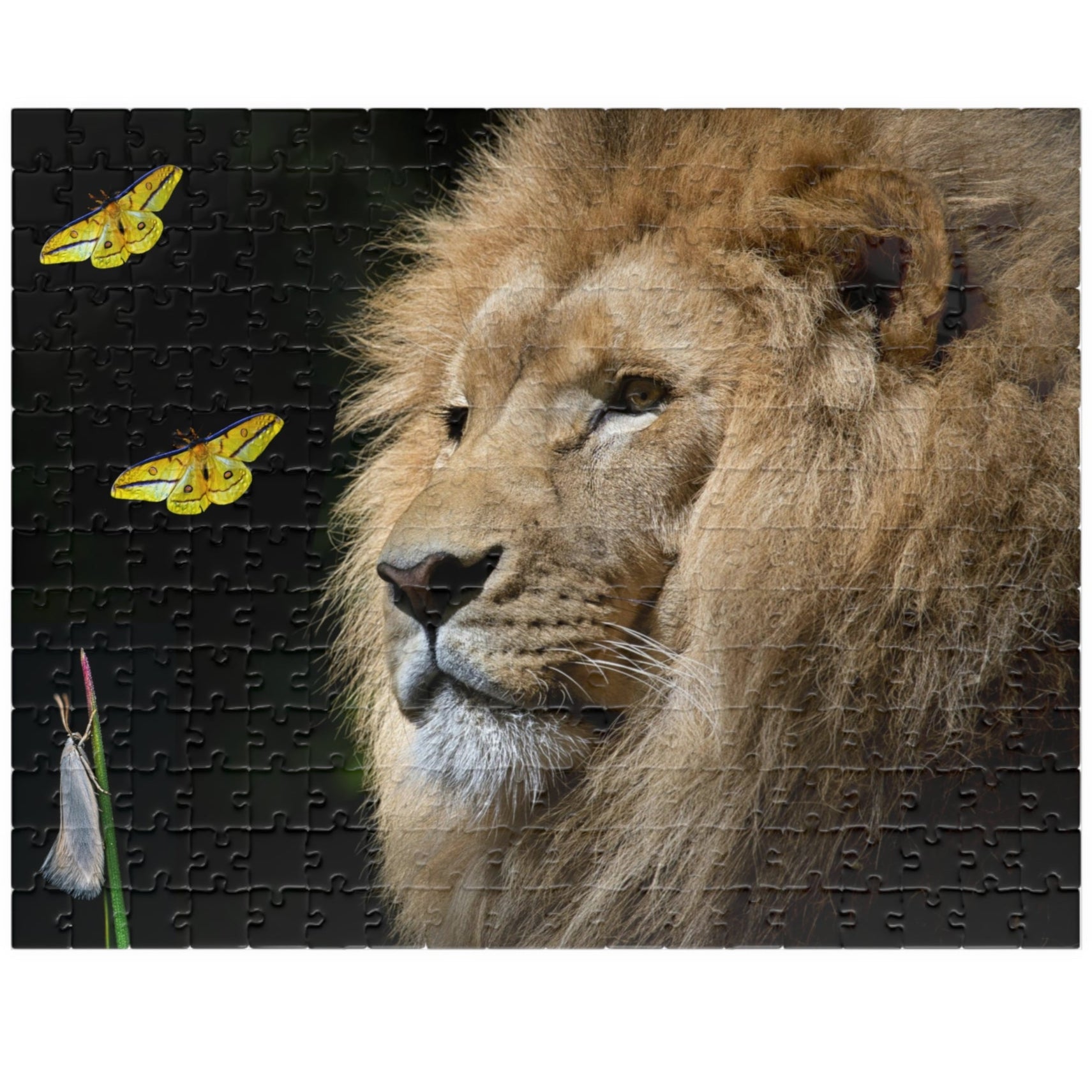 Unleash your adventurous spirit with the Lion &amp; Butterfly Puzzle! Challenge yourself with 110 to 1014 pieces and discover the stunning combination of a majestic lion and delicate butterfly. As you put together this high-quality puzzle, experience the thrill of completing a daring mission.