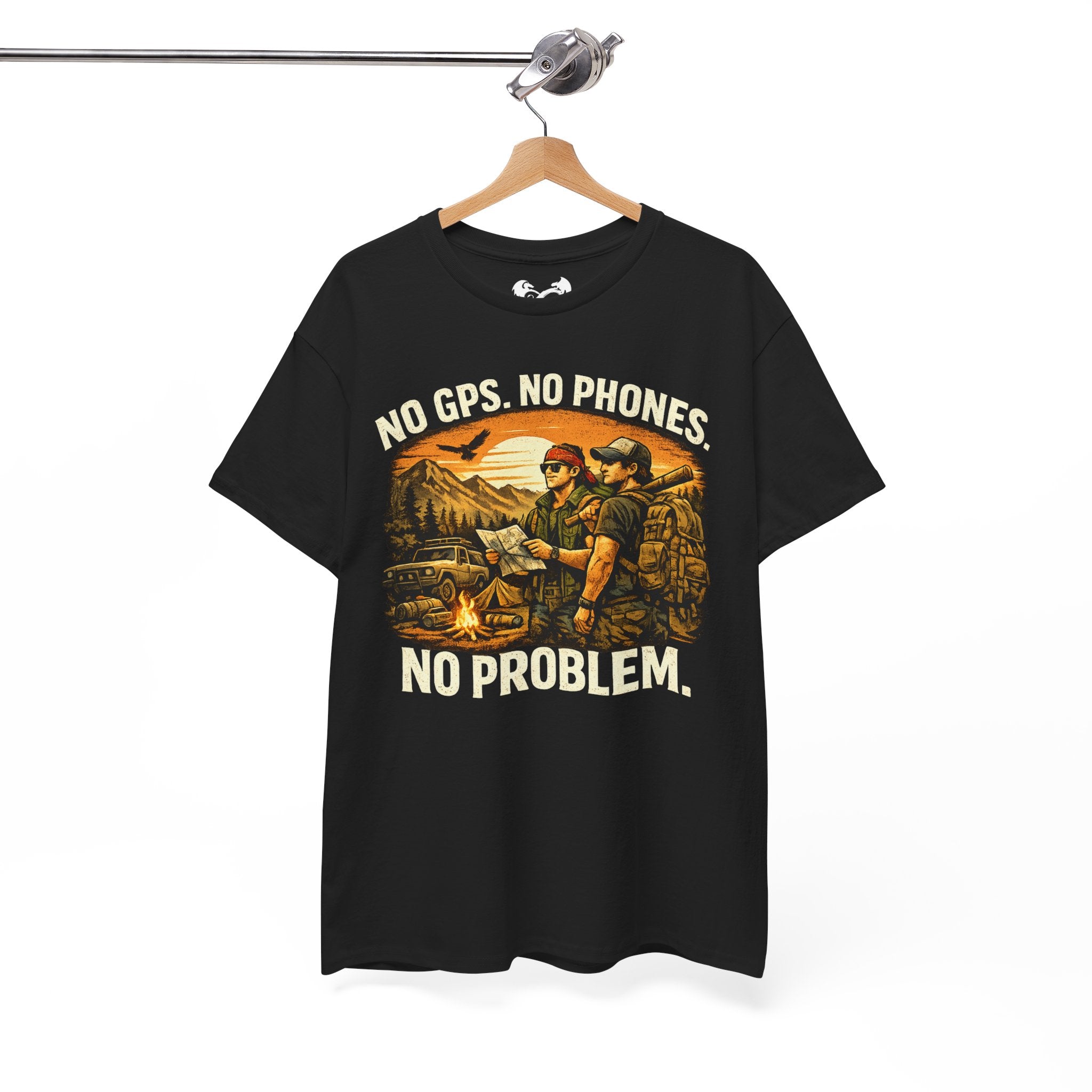 Black t-shirt with graphic design and text 'No GPS. No Phones. No Problem.' on a hanger against a white background.
