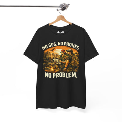 Black t-shirt with graphic design and text 'No GPS. No Phones. No Problem.' on a hanger against a white background.