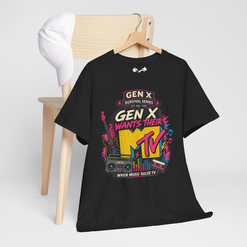 Black t-shirt with colorful 'GEN X' and MTV graphic on a wooden hanger against a white background