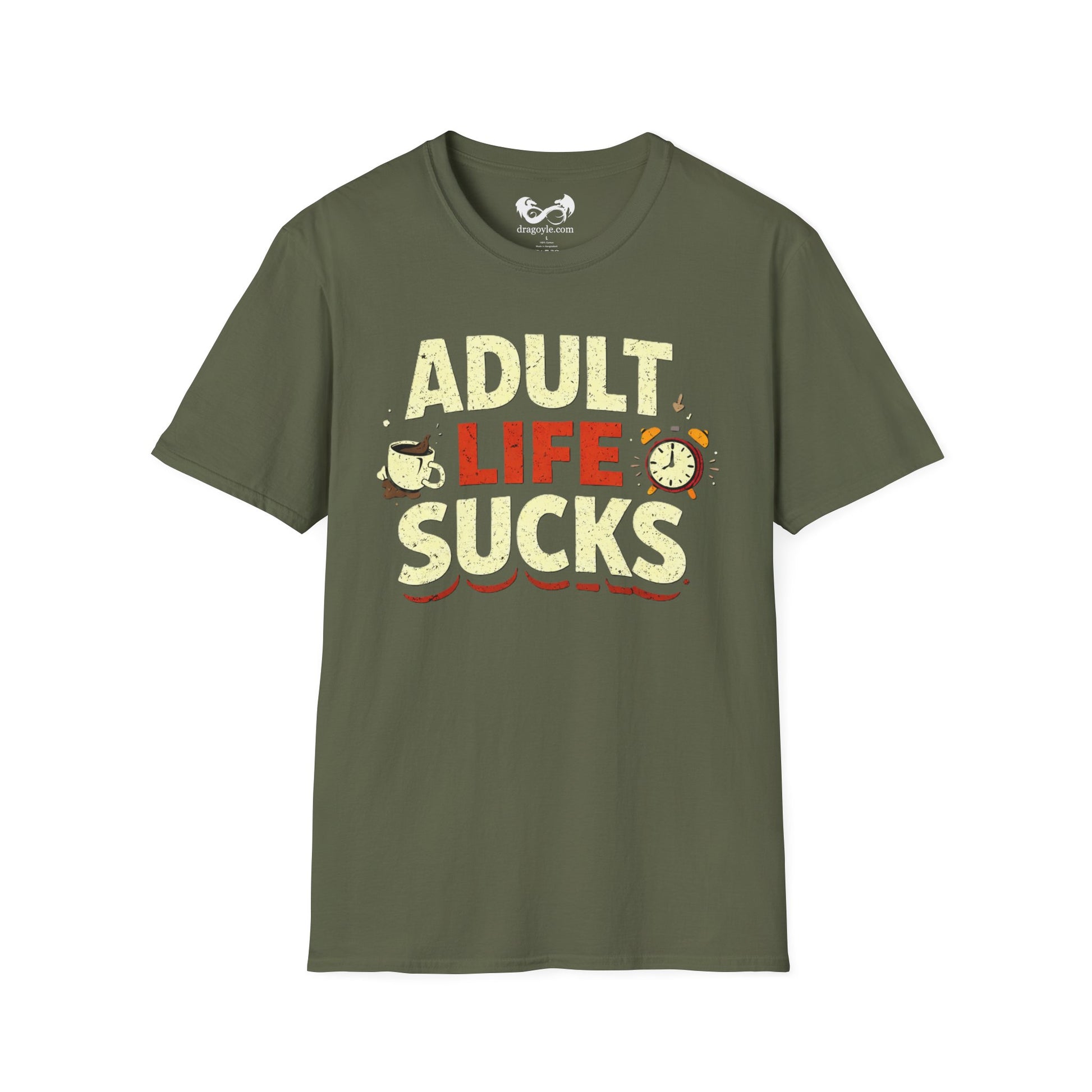Green t-shirt with 'Adult Life Sucks' text on a white background