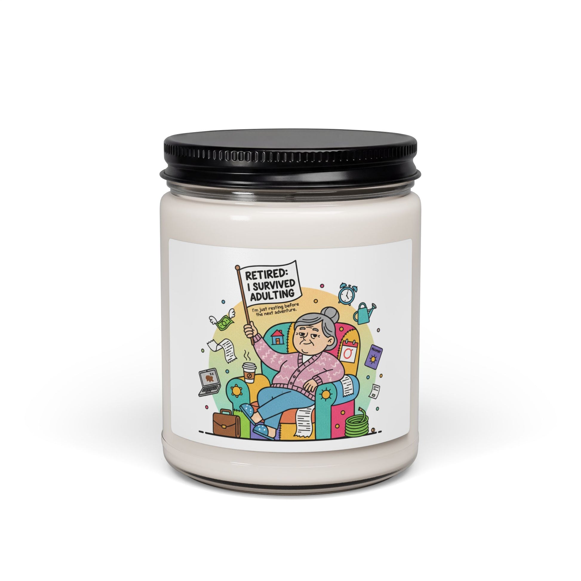 This Retired and Loving it Soy Candle is a Calm, celebratory soy candle with a whimsical retirement illustration that pairs well with other Retirement Gifts.