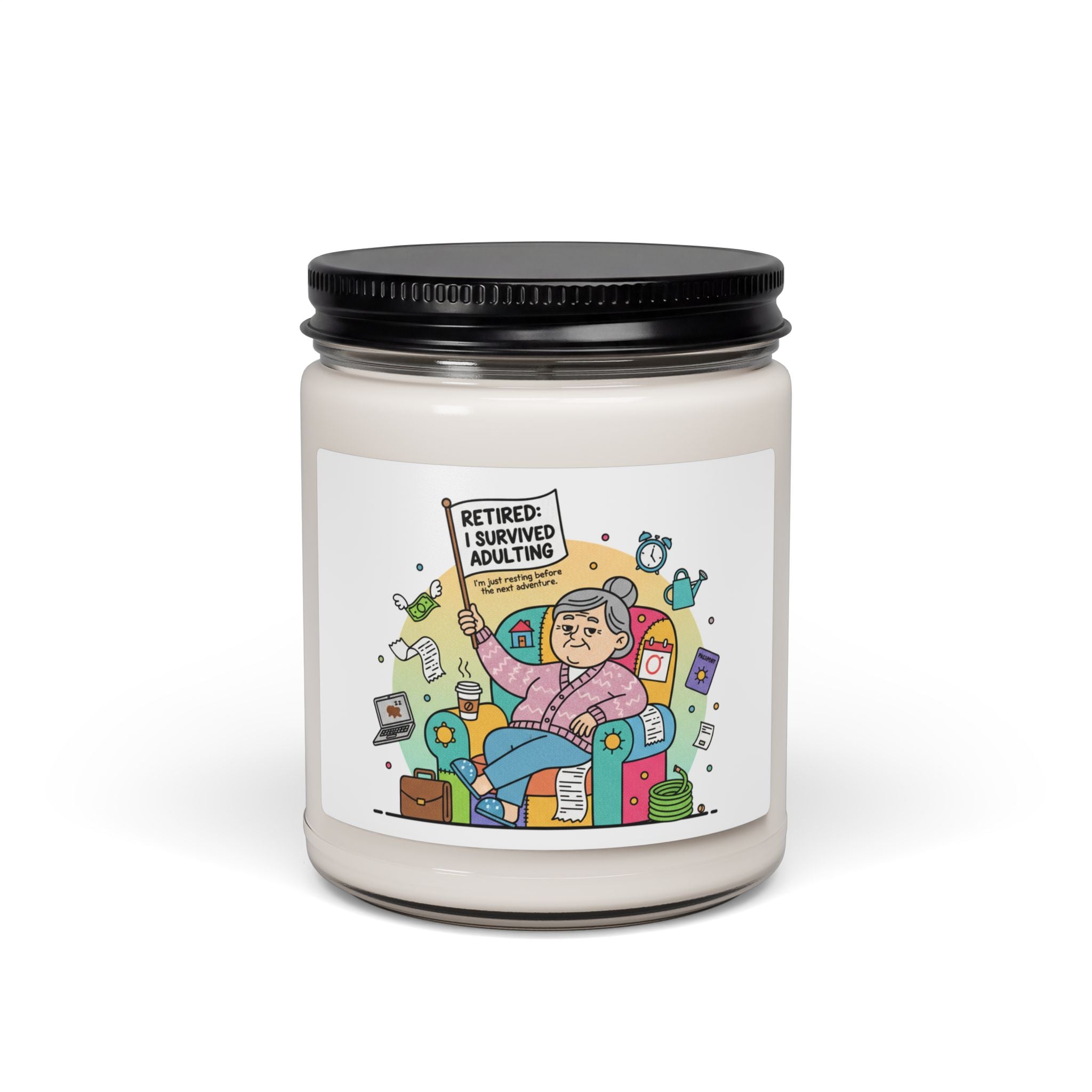 This Retired and Loving it Soy Candle is a Calm, celebratory soy candle with a whimsical retirement illustration that pairs well with other Retirement Gifts.