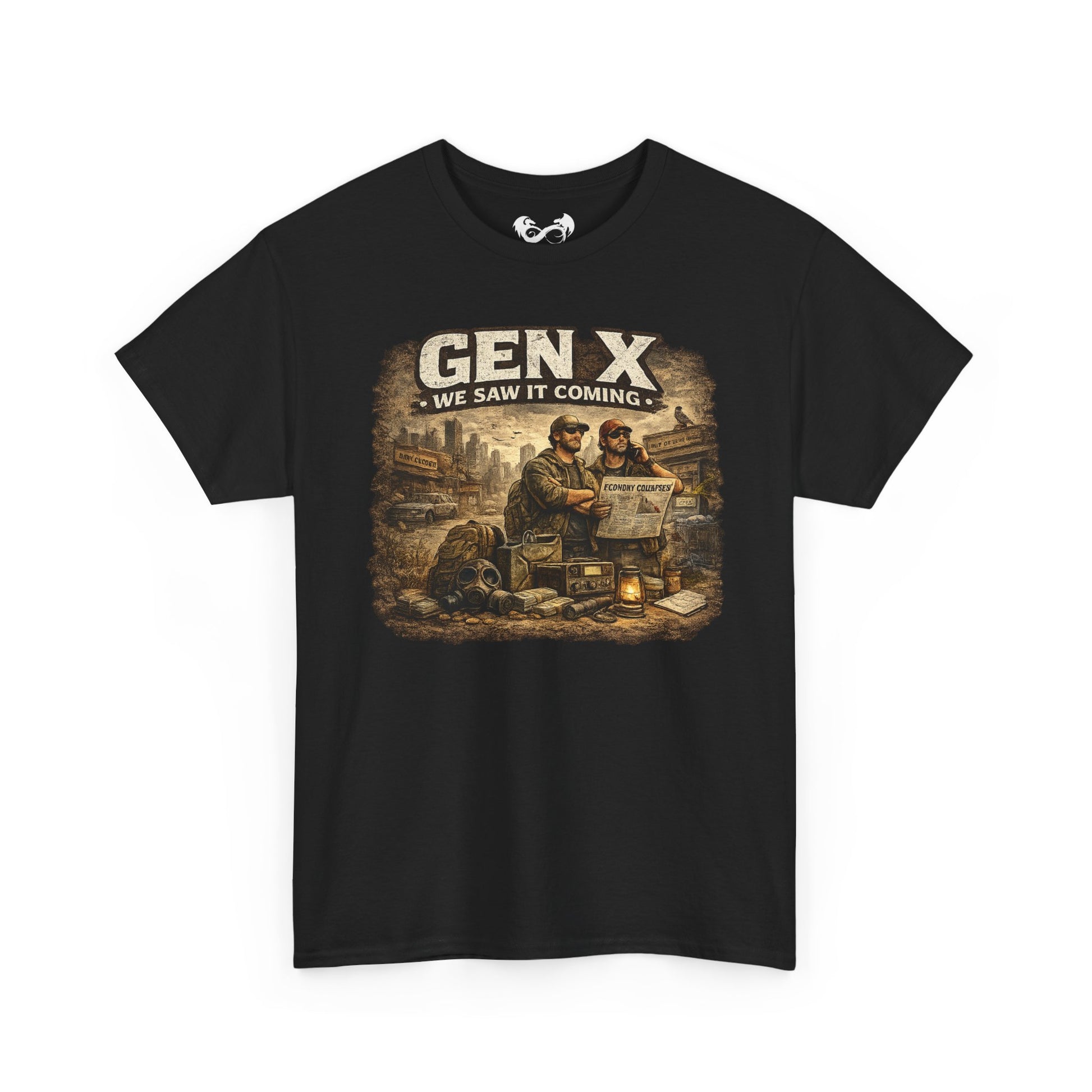 Black t-shirt with graphic design and text 'GEN X WE SAW IT COMING' on a white background