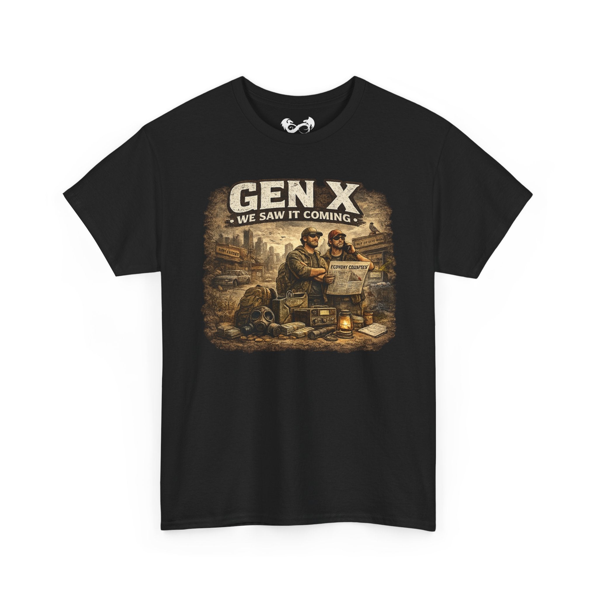 Black t-shirt with graphic design and text 'GEN X WE SAW IT COMING' on a white background