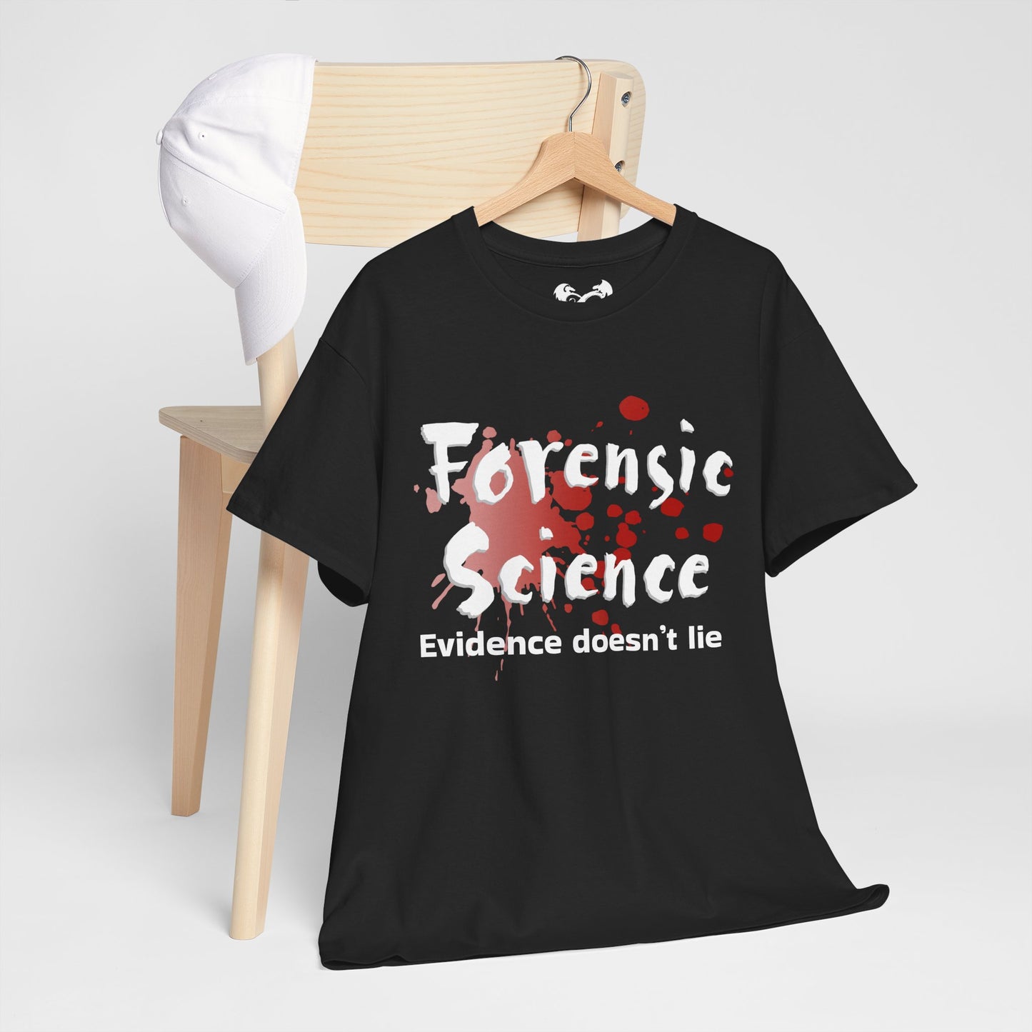 Black t-shirt with 'Forensic Science Evidence doesn't lie' text on a hanger against a white background