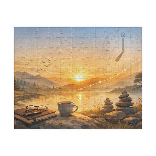 Jigsaw puzzle with a scenic design of a sunset over a lake, books, a cup, and stones.