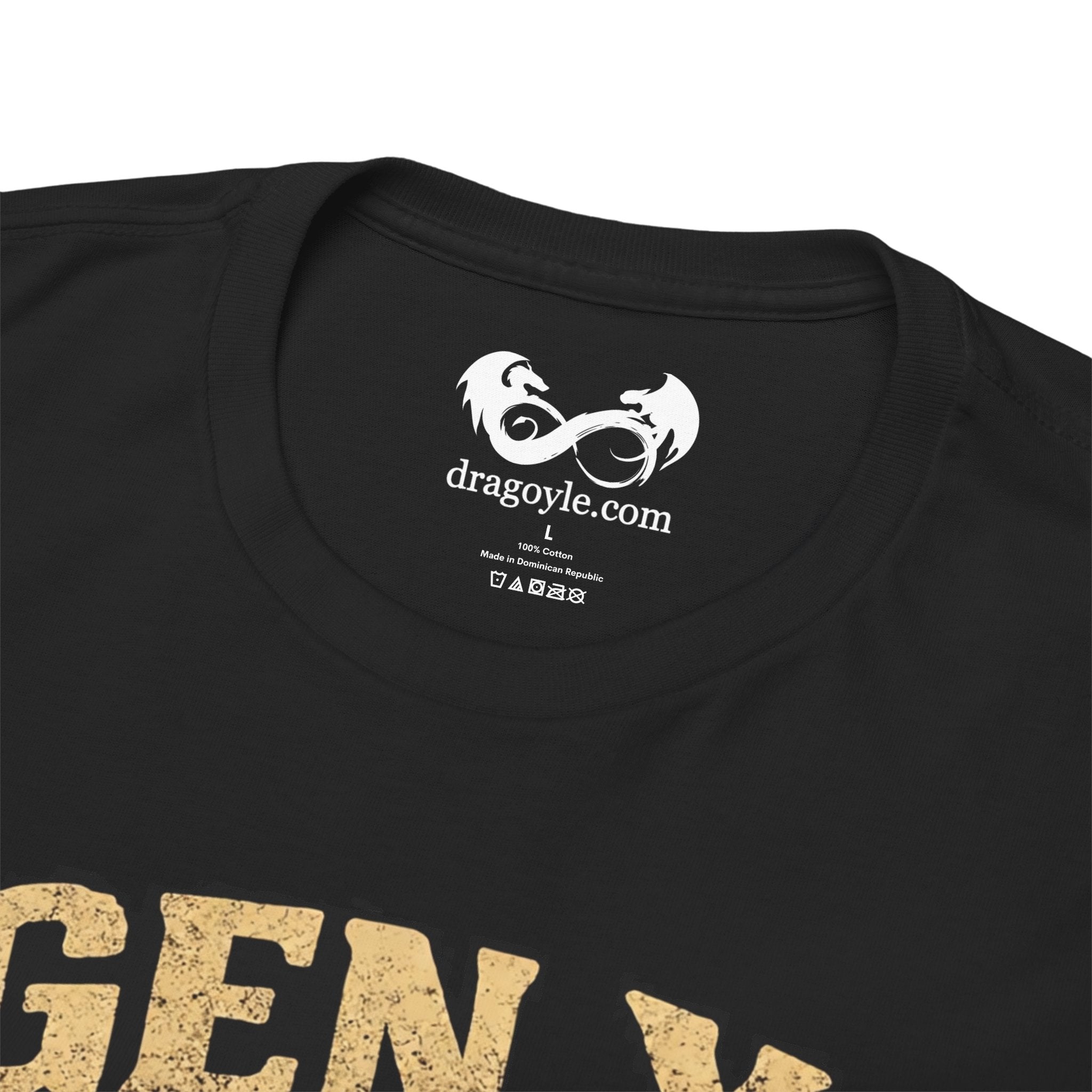 Black t-shirt with 'dragoyle.com' logo on the collar and partially visible text at the bottom.
