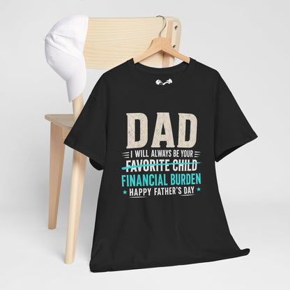 Black t-shirt with humorous Father's Day message on a hanger against a white background