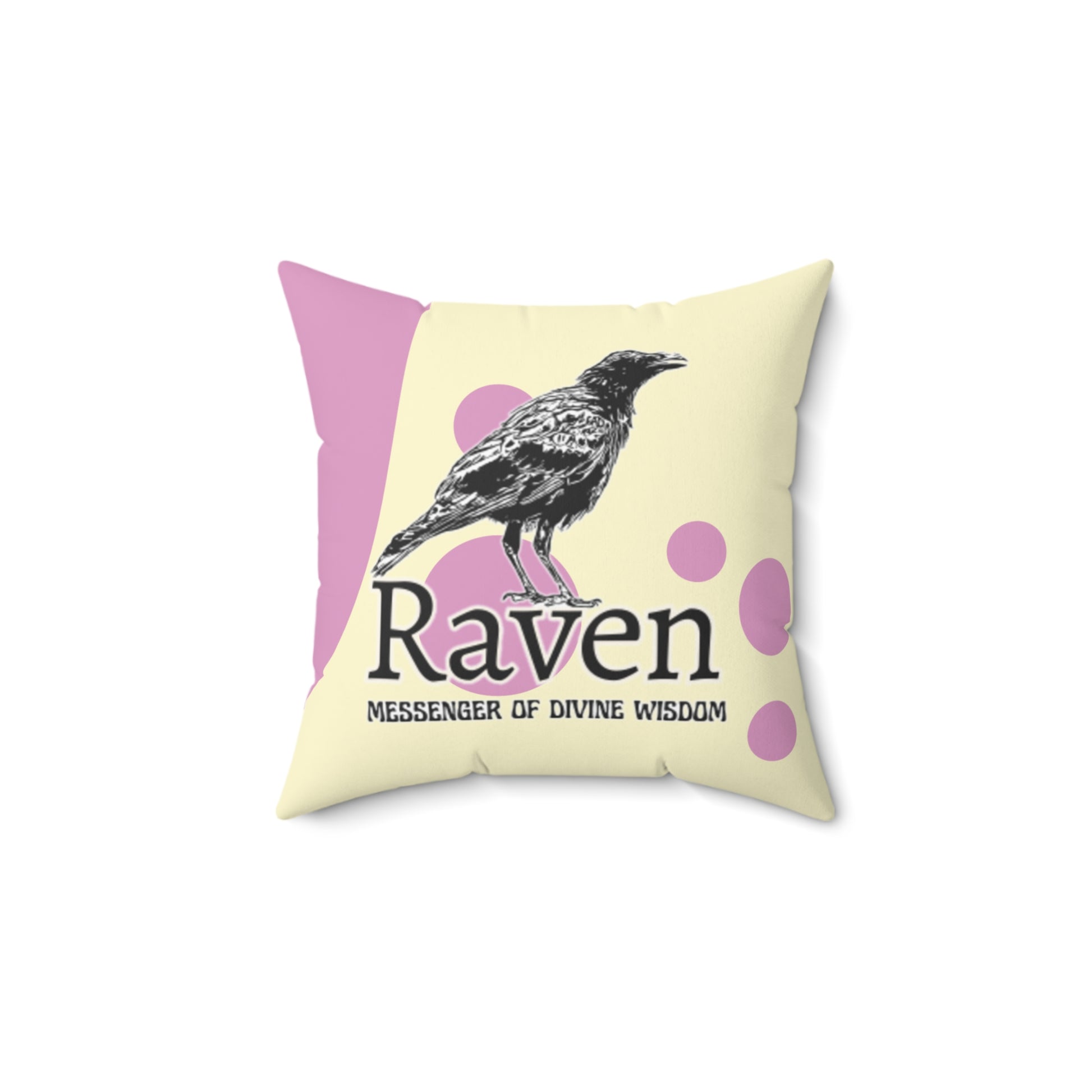 Decorative pillow with a raven illustration and text on a yellow and pink background