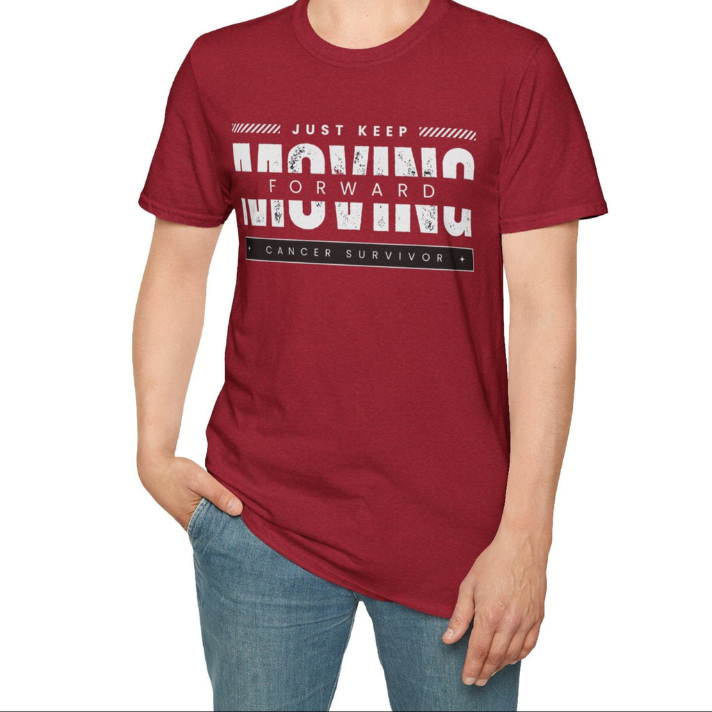 This unisex t-shirt is a canvas for self-expression, crafted for those who embrace resilience. With the phrase "Just Keep Moving Forward - Cancer Survivor" emblazoned across the chest, it celebrates strength and spirit.