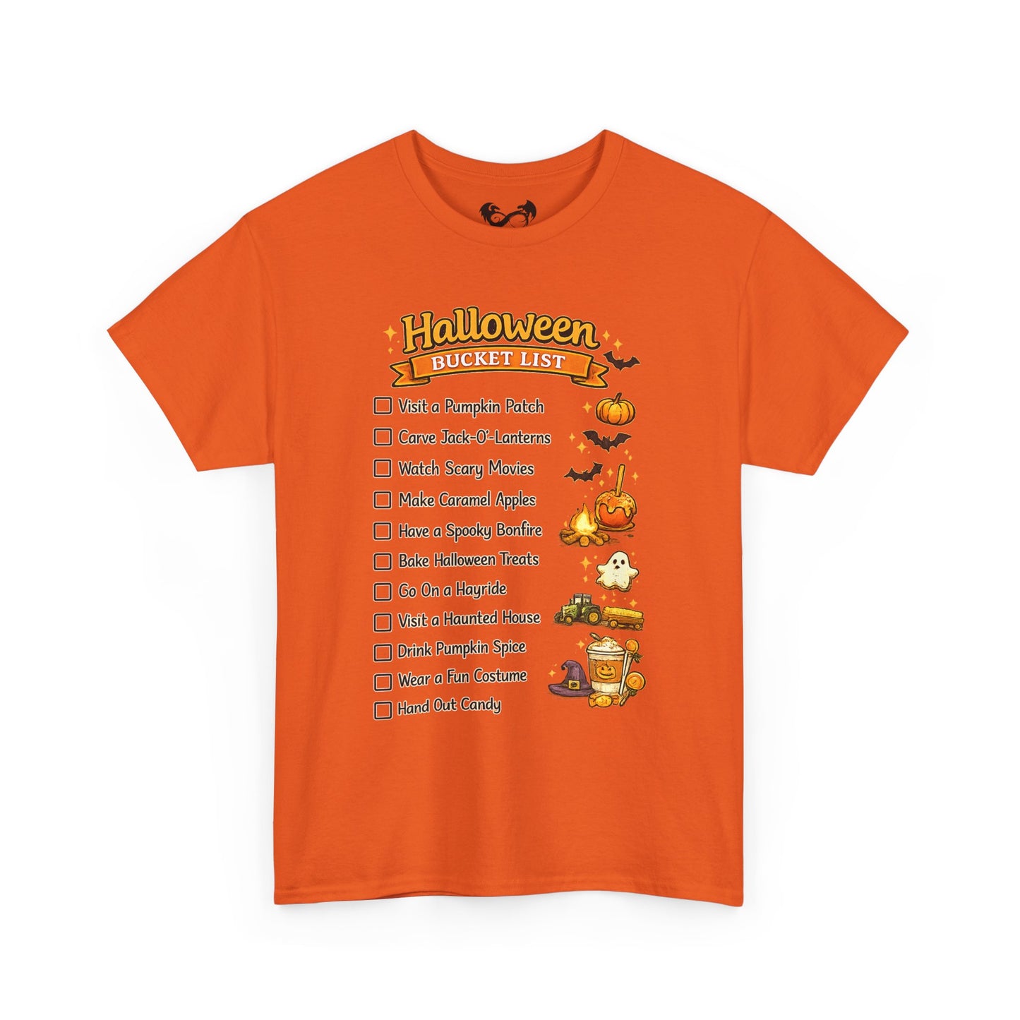An orange crewneck t-shirt featuring a 'Halloween Bucket List' graphic print on the front, complete with a checklist of spooky activities and illustrations of pumpkins, ghosts, and bats.