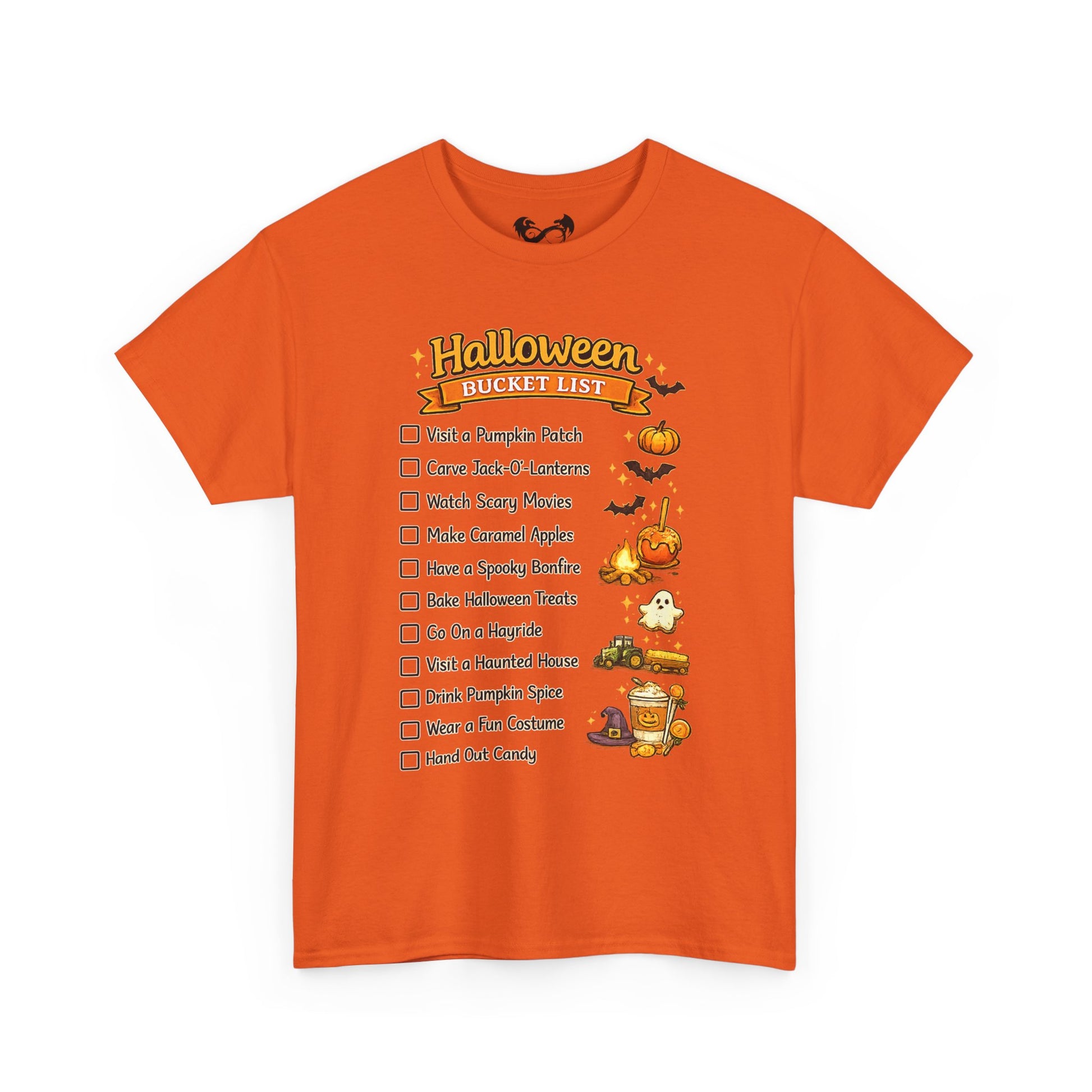 An orange crewneck t-shirt featuring a 'Halloween Bucket List' graphic print on the front, complete with a checklist of spooky activities and illustrations of pumpkins, ghosts, and bats.