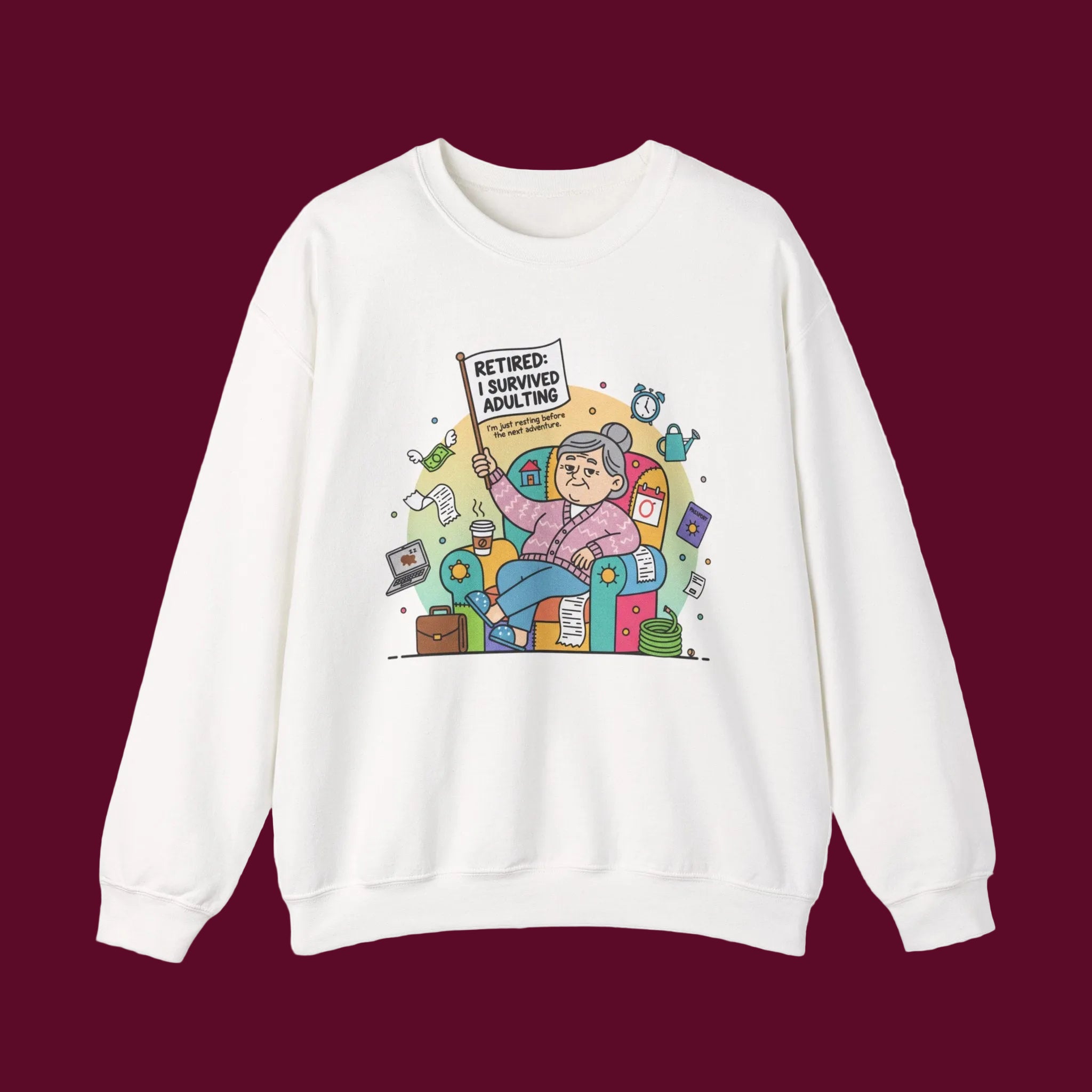 White sweatshirt with colorful graphic design on a white background