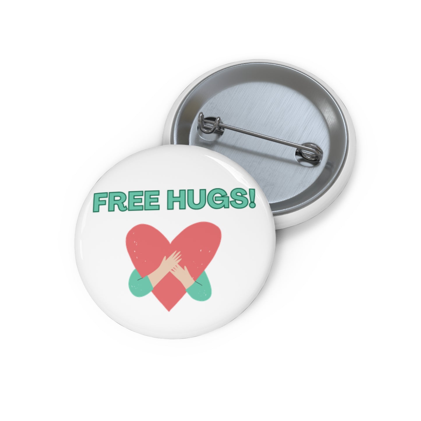 Button badge with 'FREE HUGS!' text and heart design on a white background