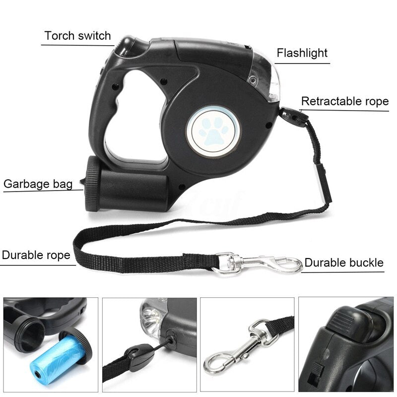 Introducing the ultimate leash for dog owners! This retractable leash comes with a convenient poop bag dispenser and built-in LED flashlight for night walks. With a comfortable handle and sturdy design, enjoy the freedom to walk and play with your furry friend while keeping the environment clean and safe at all times.