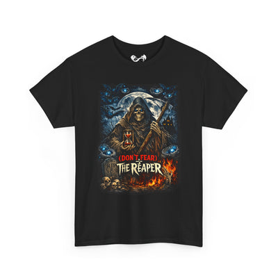 A black short-sleeve crewneck t-shirt featuring a detailed graphic print of a hooded grim reaper holding a scythe, with the text '(DON'T FEAR) THE REAPER' in red and white, set against a plain white background.