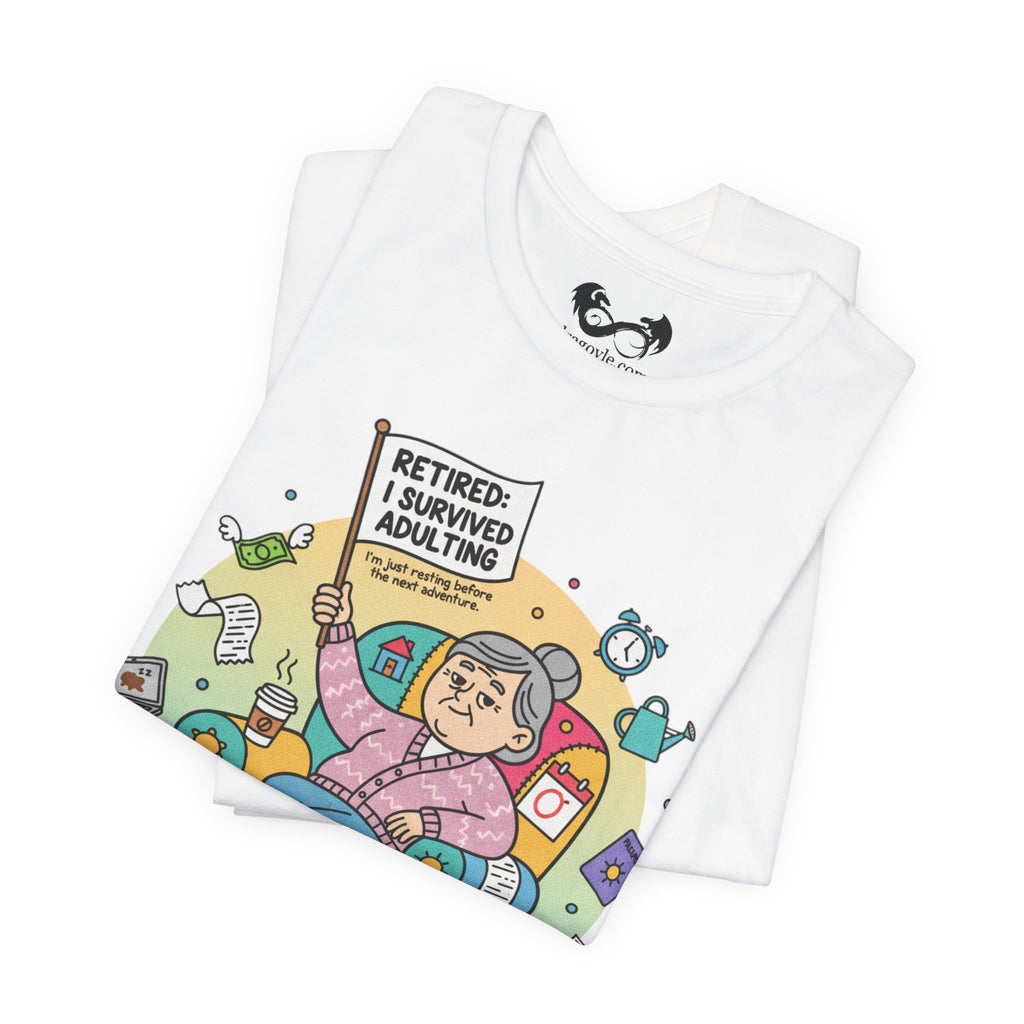 Folded white towel with a colorful graphic of an elderly woman holding a sign 'Retired: I Survived Adulting' on a white background.