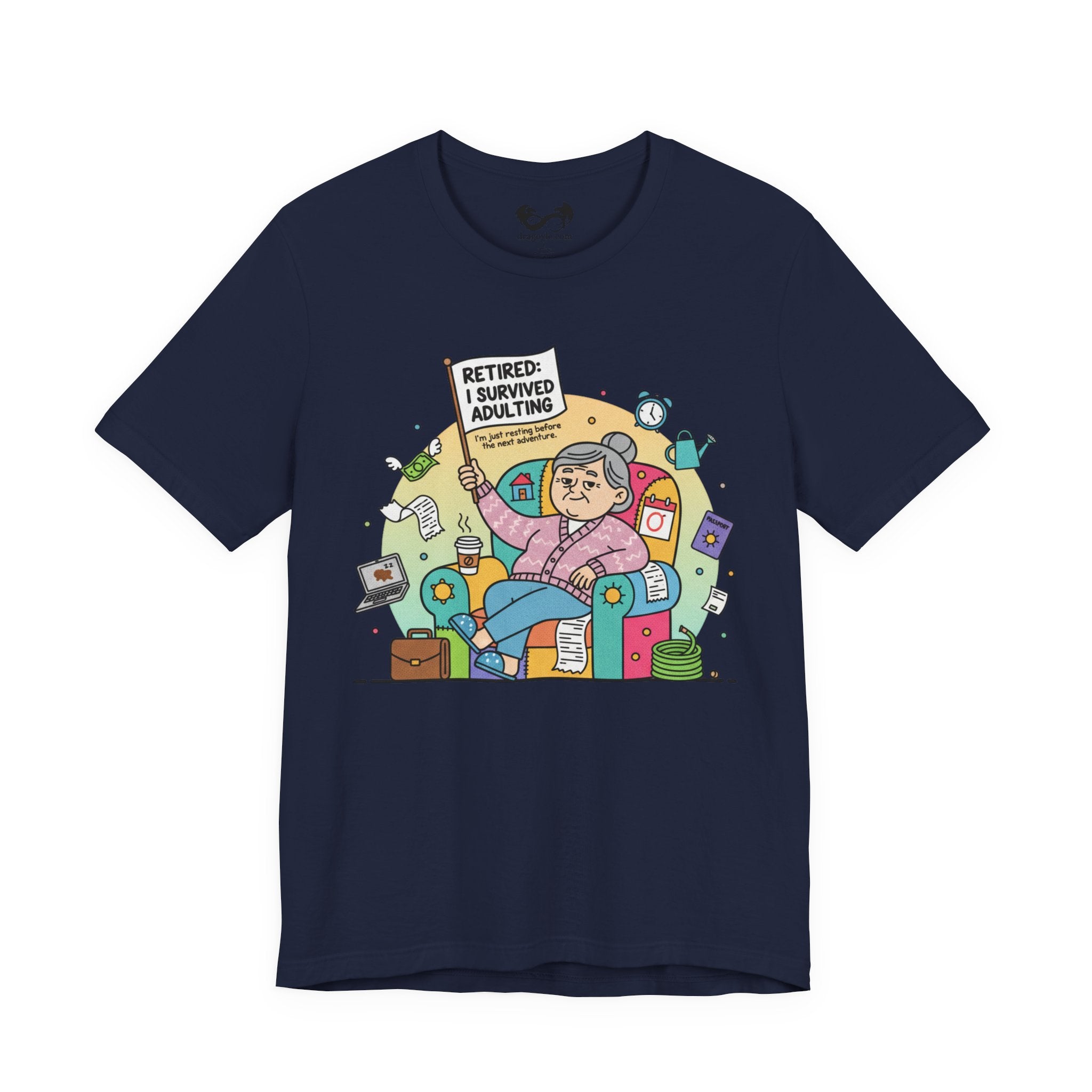 Navy blue t-shirt with a colorful graphic of a retired person holding a sign and sitting on a couch with various items around, on a white background.