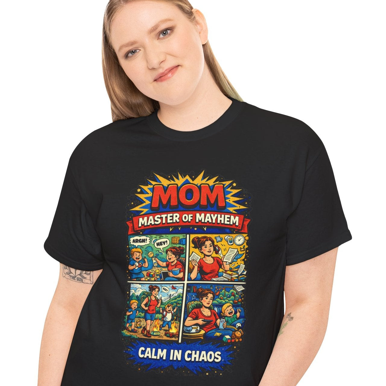 This comic-inspired design celebrates the real-life superhero; Mom: Master of Mayhem, handling every moment with calm confidence