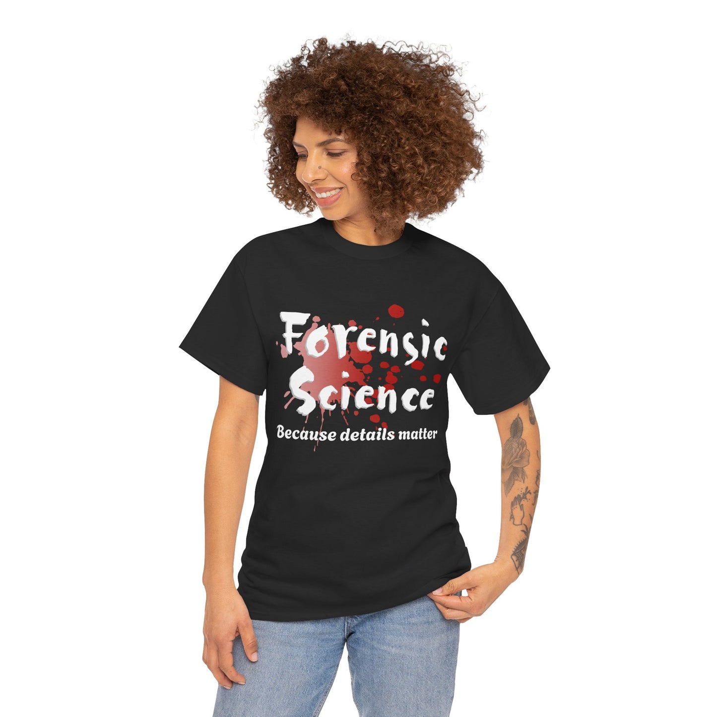 Woman wearing a black t-shirt with 'Forensic Science Because details matter' text and design.