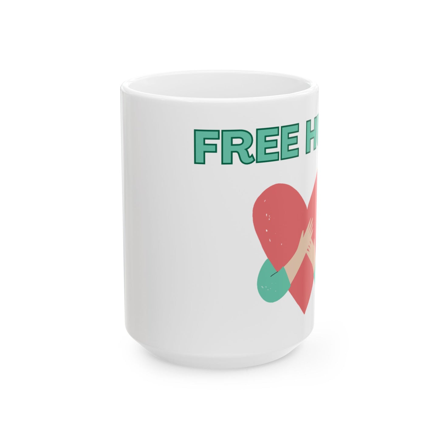 White mug with a red heart and peace symbol on a white background