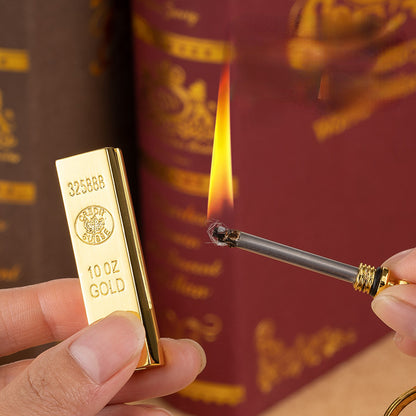 This Gold Bar Ten Thousand Strikes Lighter is perfect for avid outdoor adventurers, thanks to its reliable wind-resistant flame that can withstand up to 10,000 strikes. Its durable design features a gold-plated finish and a classic flint-wheel ignition, making it the perfect choice for reliable lighting and style. 