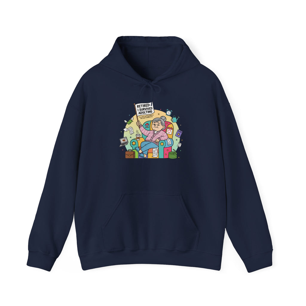 Navy blue hoodie with 'Halibut Guys' logo on a white background