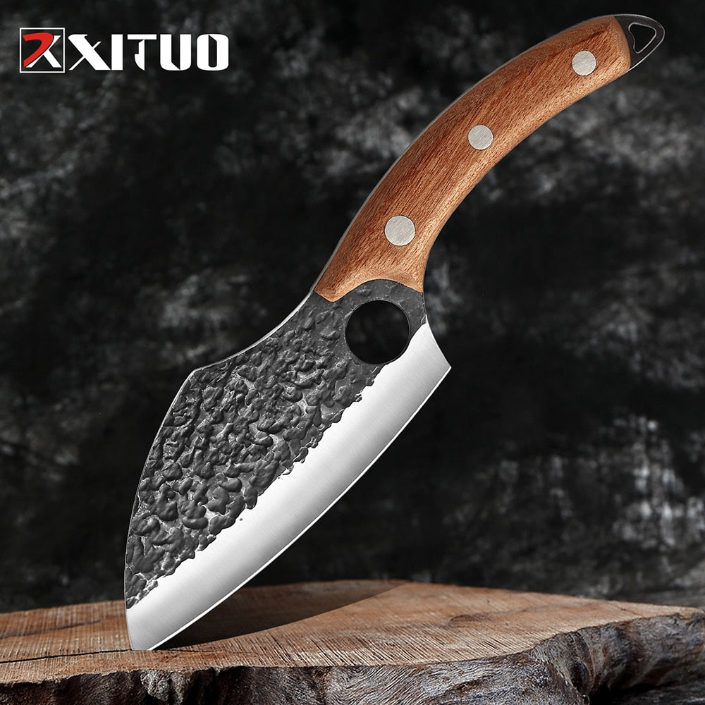 Forged from premium stainless steel, this handmade meat cleaver delivers professional-grade performance for both culinary and field applications. The robust blade geometry excels at breaking down large cuts of meat with minimal effort, while the balanced weight distribution ensures controlled, precise strikes.
