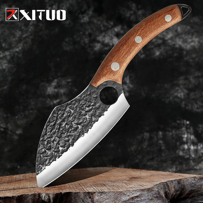 Forged from premium stainless steel, this handmade meat cleaver delivers professional-grade performance for both culinary and field applications. The robust blade geometry excels at breaking down large cuts of meat with minimal effort, while the balanced weight distribution ensures controlled, precise strikes.