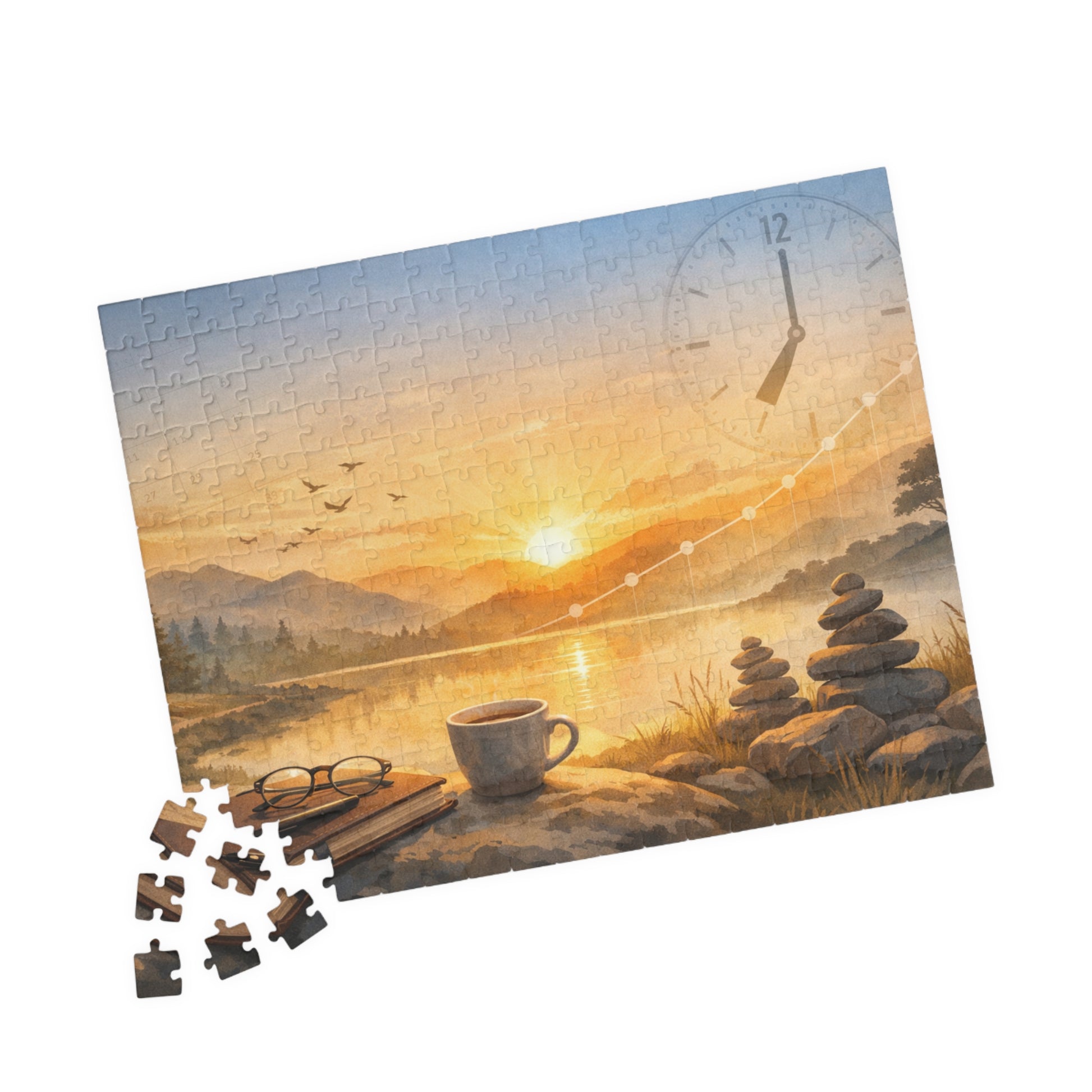 Jigsaw puzzle with a sunset over a lake scene, missing pieces.