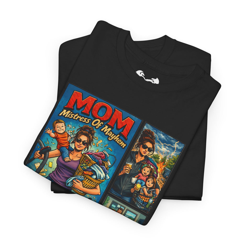 Black t-shirt with colorful graphic design featuring text 'MOM Mistress Of Mayhem' on a white background