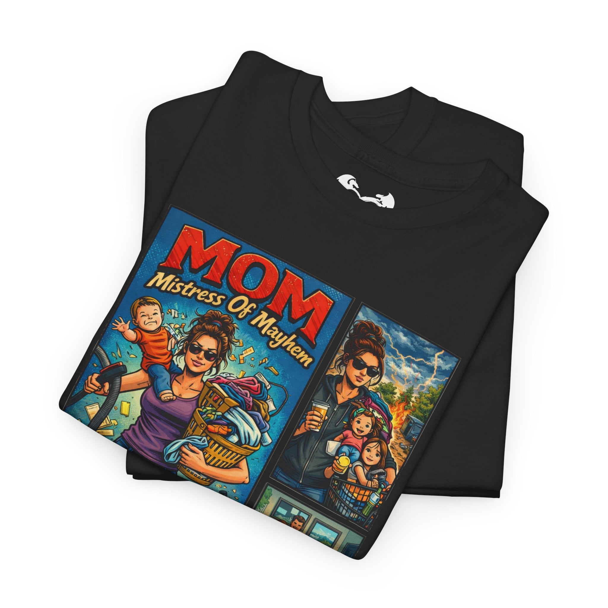Black t-shirt with colorful graphic design featuring text 'MOM Mistress Of Mayhem' on a white background