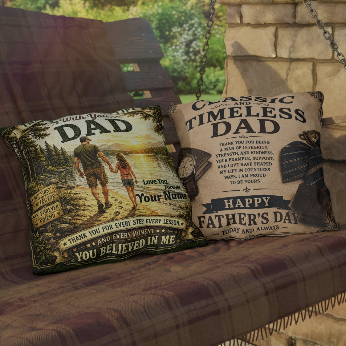 Two pillows with Father's Day messages on a wooden bench outdoors.