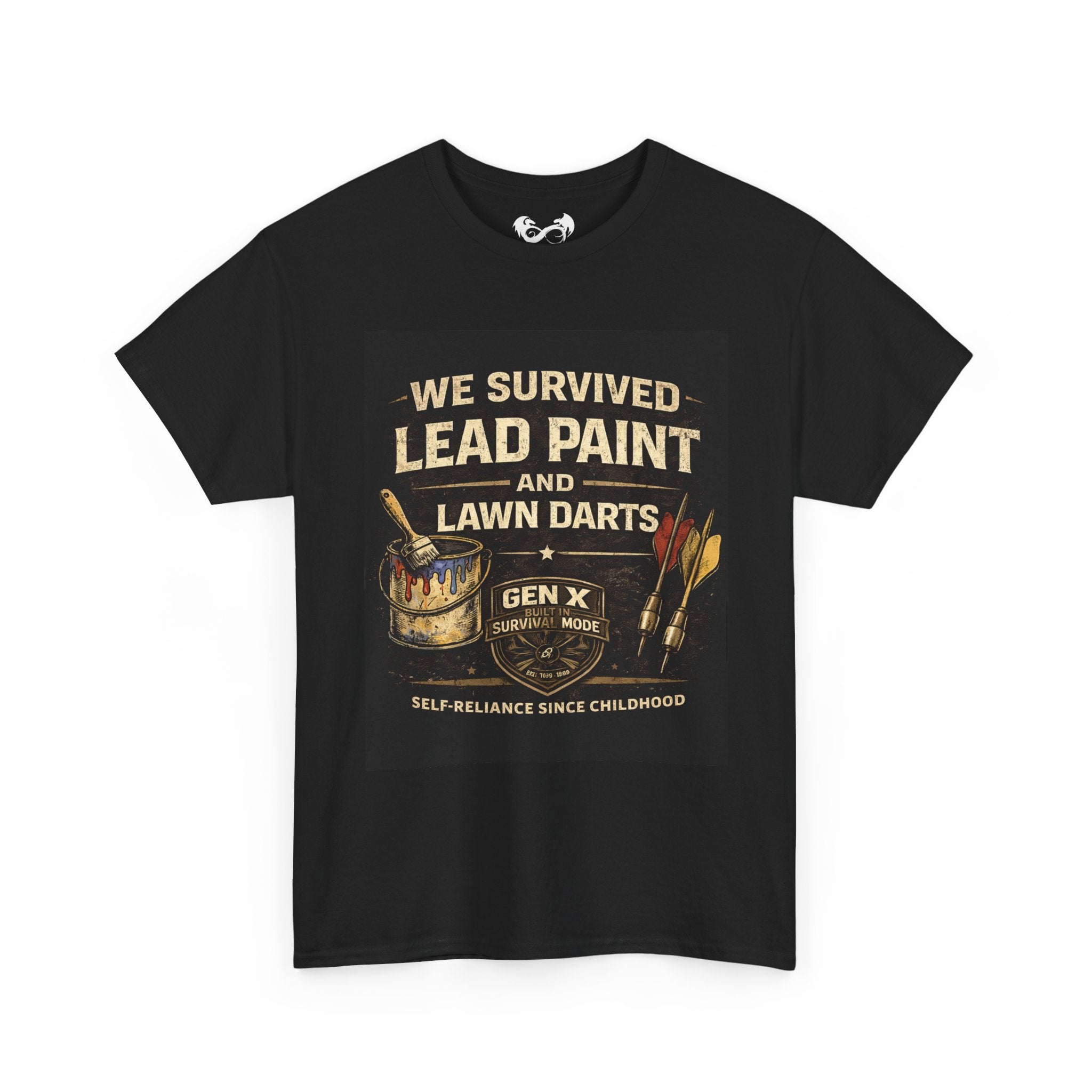 Black t-shirt with graphic design and text on a white background