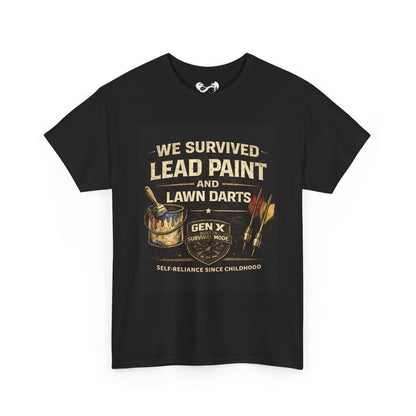 Black t-shirt with graphic design and text on a white background