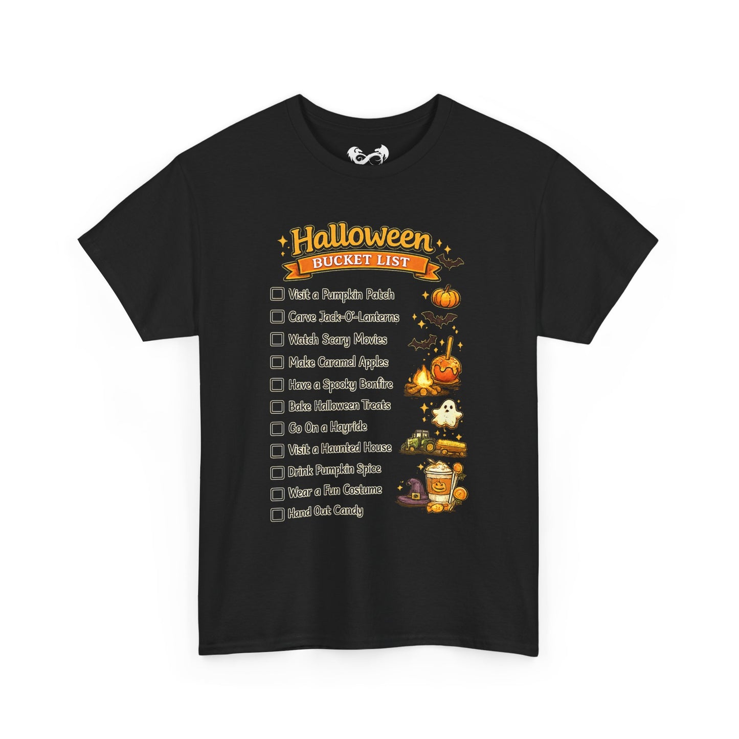 A black short-sleeve crewneck t-shirt with a 'Halloween Bucket List' graphic on the front, featuring a checklist of spooky activities and illustrations of pumpkins, ghosts, and a cauldron, shown against a plain white background.