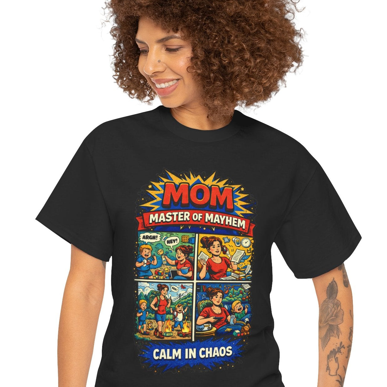 This comic-inspired design celebrates the real-life superhero; Mom: Master of Mayhem, handling every moment with calm confidence