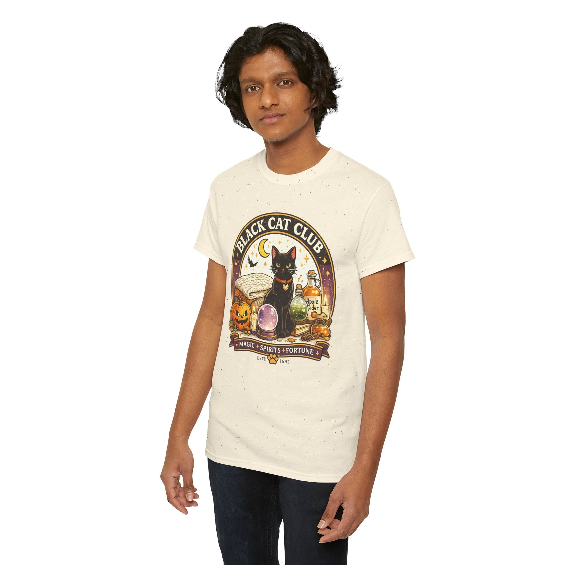 Person wearing a white t-shirt with orange text on a white background