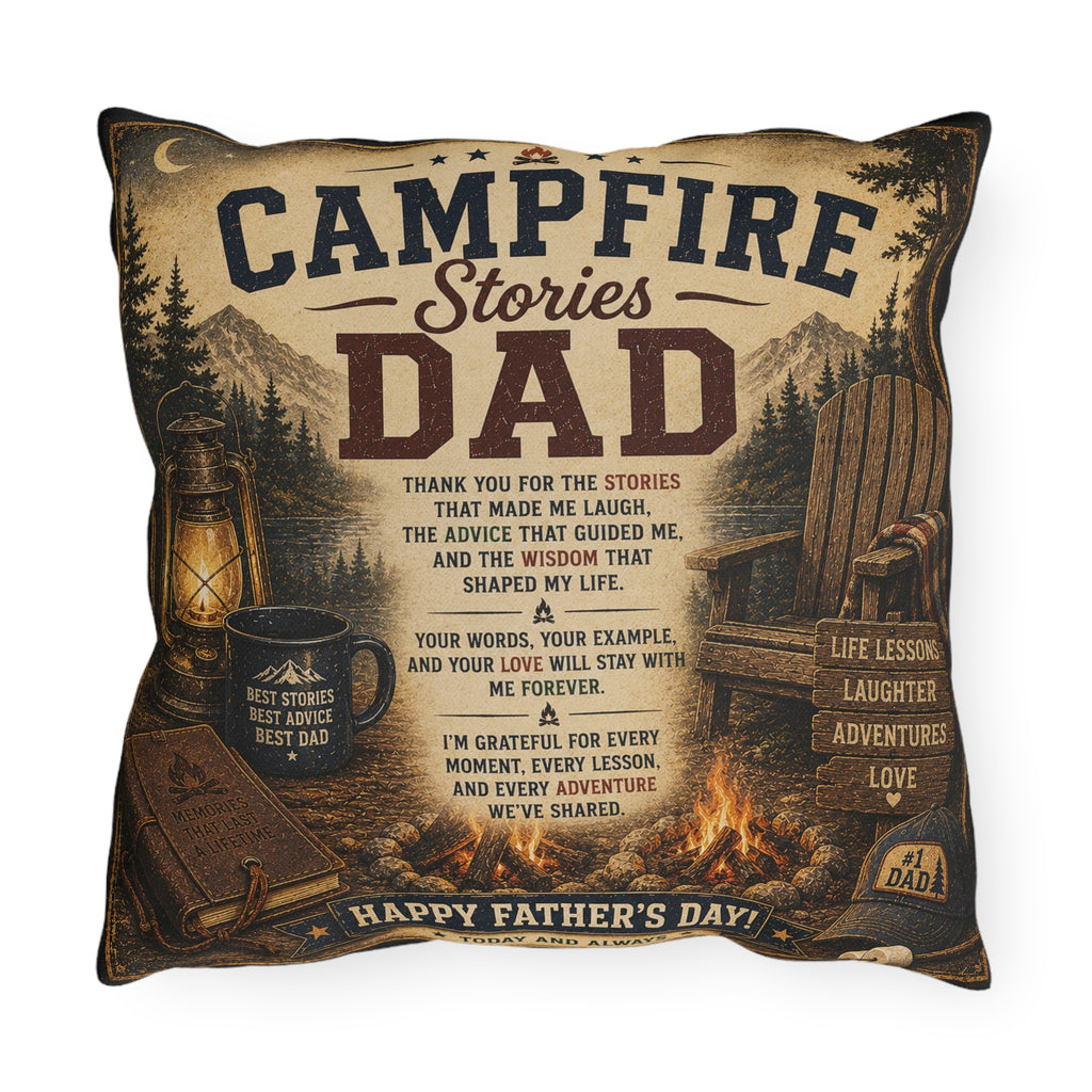Pillow with 'Campfire Stories Dad' design featuring a campfire, chair, and mug on a white background.