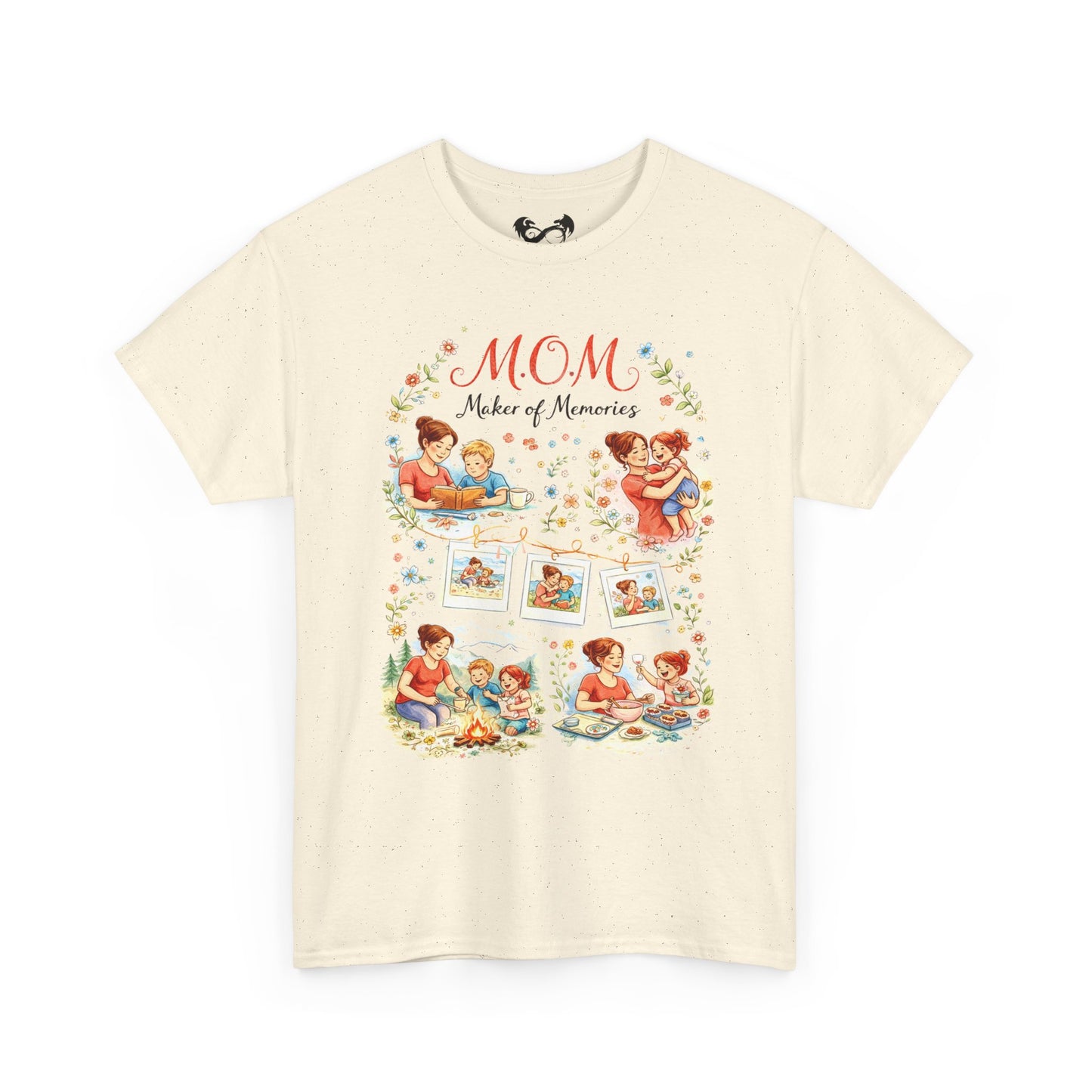 Beige t-shirt with colorful graphic design featuring text 'Mom Maker of Memories' on a white background
