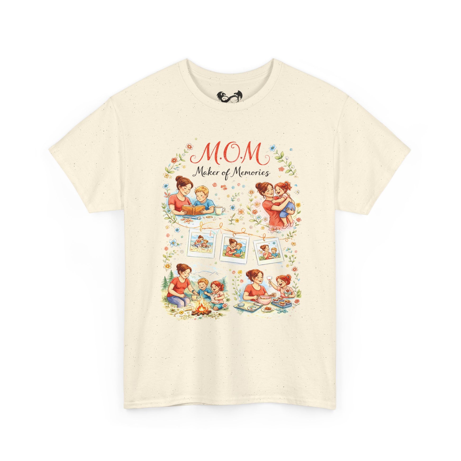 Beige t-shirt with colorful graphic design featuring text 'Mom Maker of Memories' on a white background