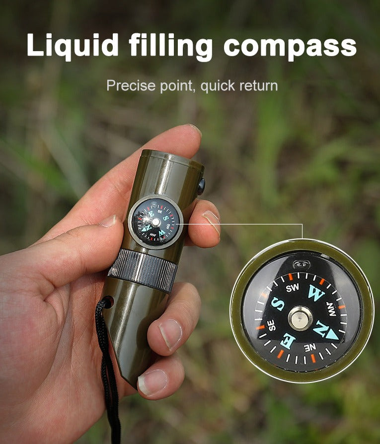 This 7-in-1 Survival Whistle is an essential accessory for any outdoor enthusiast. Featuring a thermometer, compass, flint, signal mirror, and other emergency supplies, this whistle is designed to give you the edge in any situation.