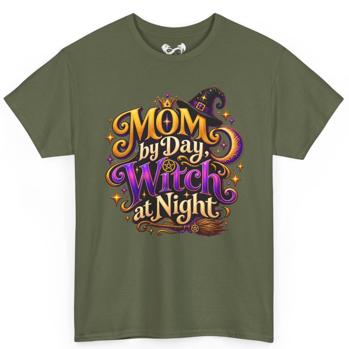 An olive green short-sleeve t-shirt with a colorful graphic on the front that reads 'MOM by Day, Witch at Night' in stylized orange, purple, and gold lettering with a witch hat and broomstick illustration.