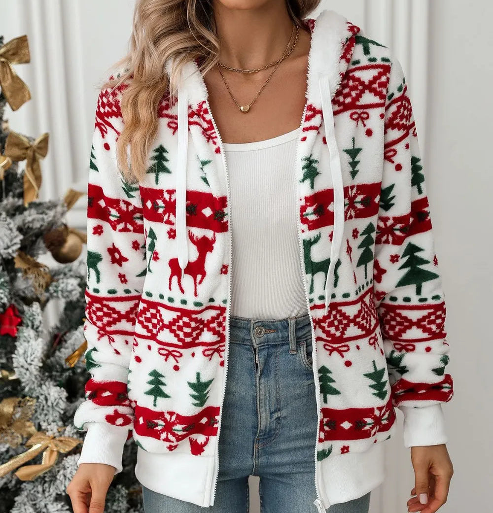 Drawstring Christmas Zip Up Hooded Jacket
