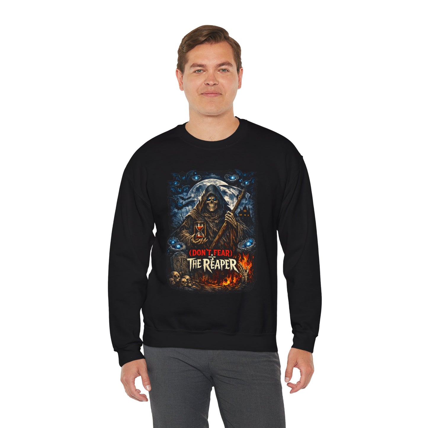 A man wearing a black crewneck sweatshirt with a detailed graphic print of a grim reaper holding a scythe, with the text 'I DON'T WANT THE REAPER' and 'DON'T TREAD ON ME'.