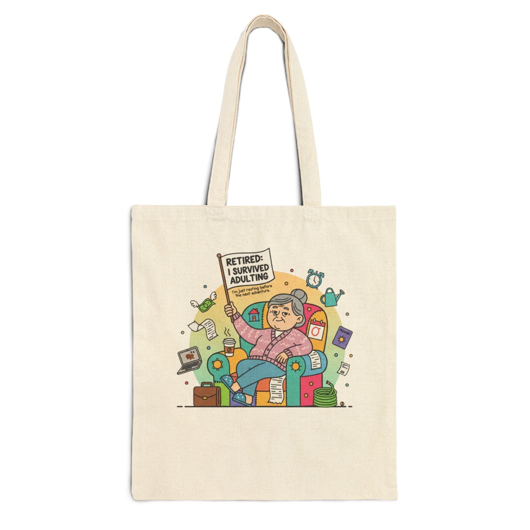 Durable heavy cotton construction and reinforced handles make it practical for everyday use while the modest printed design keeps the vibe polished and playful.